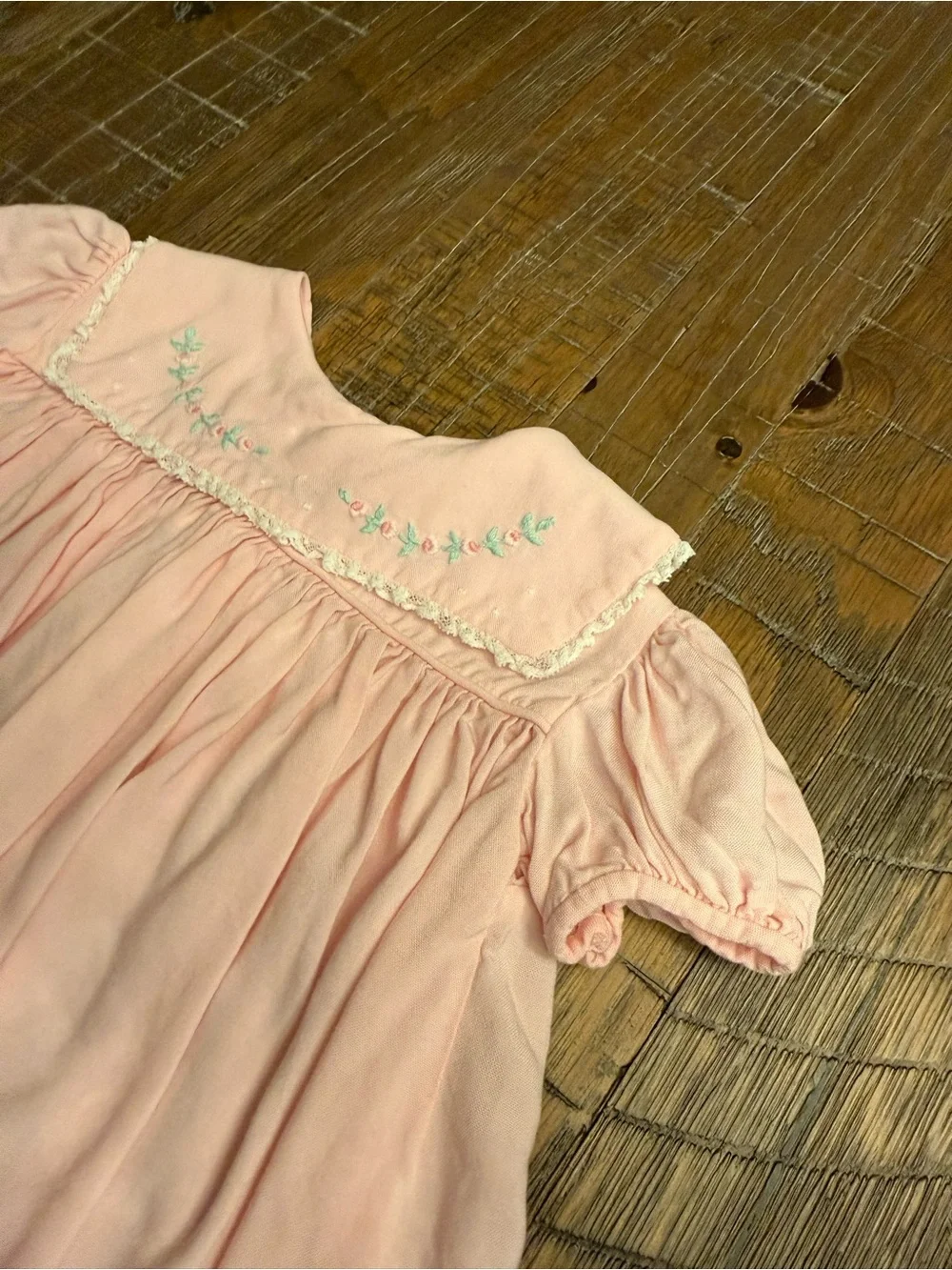 Vintage Nannette Baby Girl Pink Collared Dress Embroidered Flowers 6-9 Months